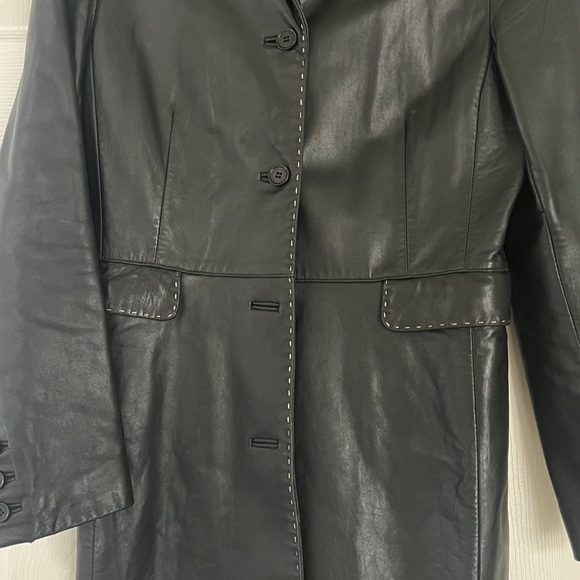 Leather jacket blazer black with white pinstitching kick split hem in back. - Picture 2 of 6